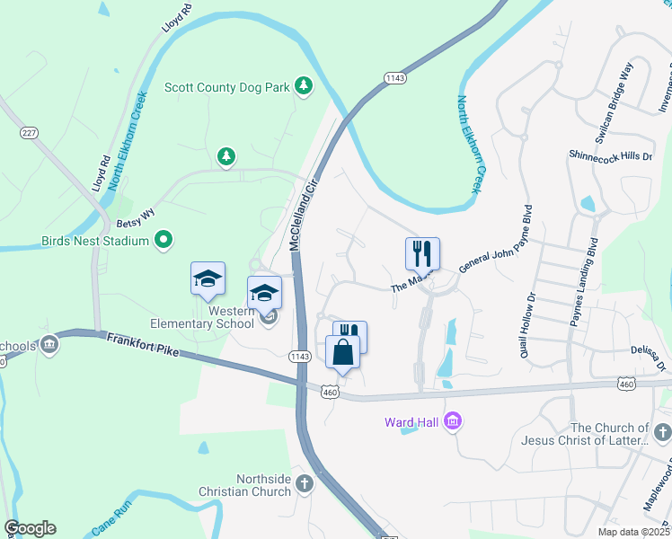 map of restaurants, bars, coffee shops, grocery stores, and more near 114 Muirfield Place in Georgetown