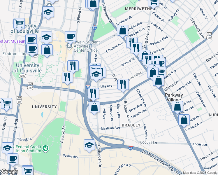 map of restaurants, bars, coffee shops, grocery stores, and more near 538 Lilly Avenue in Louisville