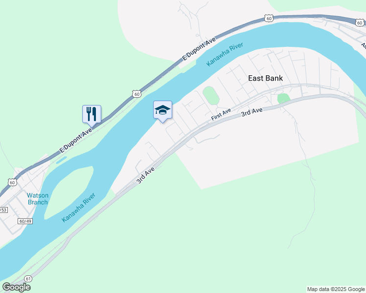 map of restaurants, bars, coffee shops, grocery stores, and more near 20492 1st Avenue in East Bank
