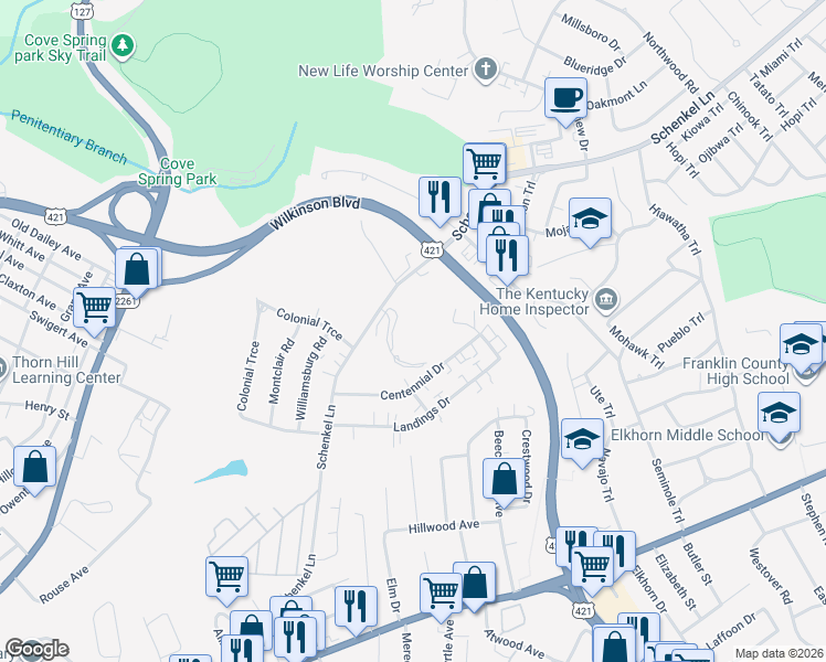 map of restaurants, bars, coffee shops, grocery stores, and more near 565 Schenkel Lane in Frankfort