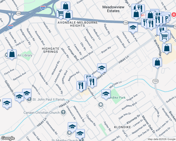 map of restaurants, bars, coffee shops, grocery stores, and more near 3313 Furman Boulevard in Louisville