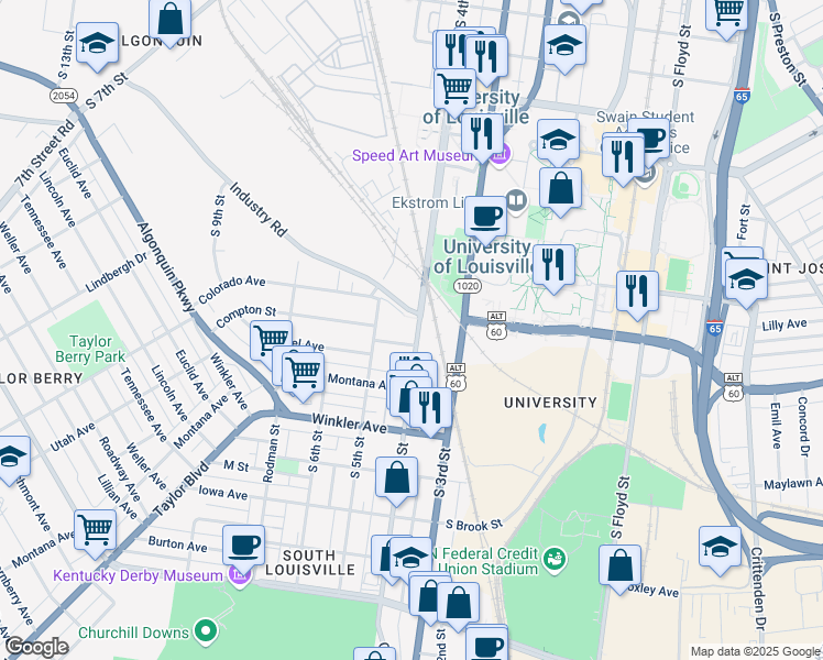 map of restaurants, bars, coffee shops, grocery stores, and more near 2400 South 4th Street in Louisville