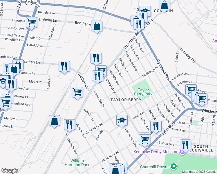 map of restaurants, bars, coffee shops, grocery stores, and more near 1521 Central Avenue in Louisville