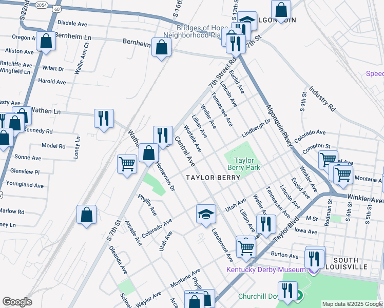 map of restaurants, bars, coffee shops, grocery stores, and more near 1511 Wurtele Avenue in Louisville