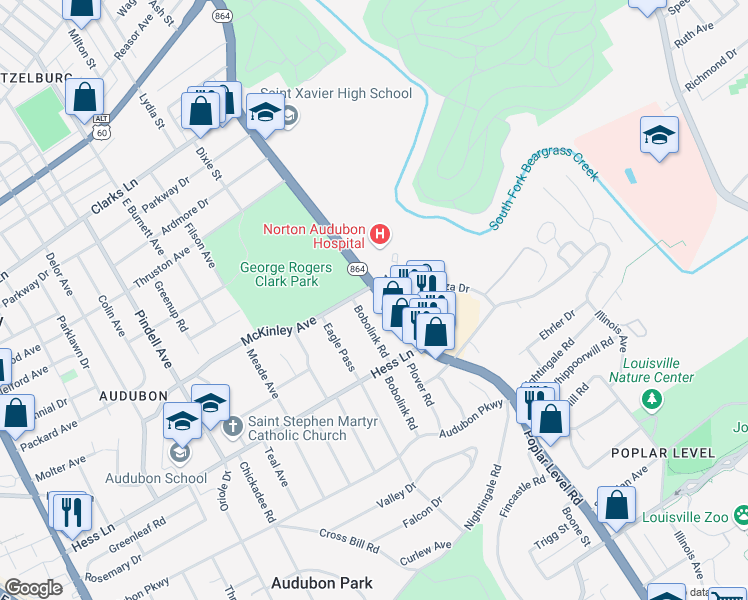 map of restaurants, bars, coffee shops, grocery stores, and more near 1700 Poplar Level Road in Louisville