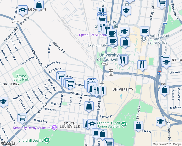 map of restaurants, bars, coffee shops, grocery stores, and more near 2400 South 4th Street in Louisville