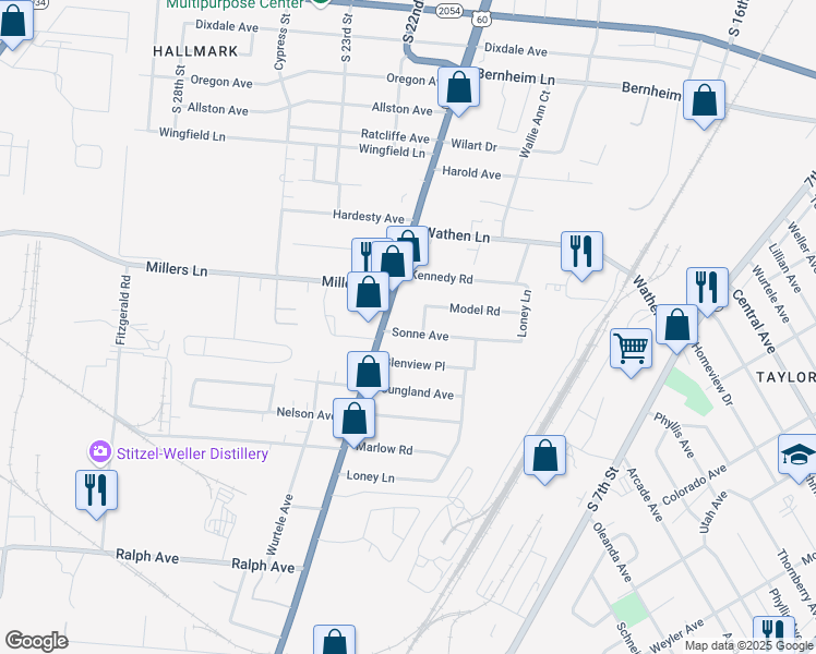 map of restaurants, bars, coffee shops, grocery stores, and more near 1745 Sonne Avenue in Louisville