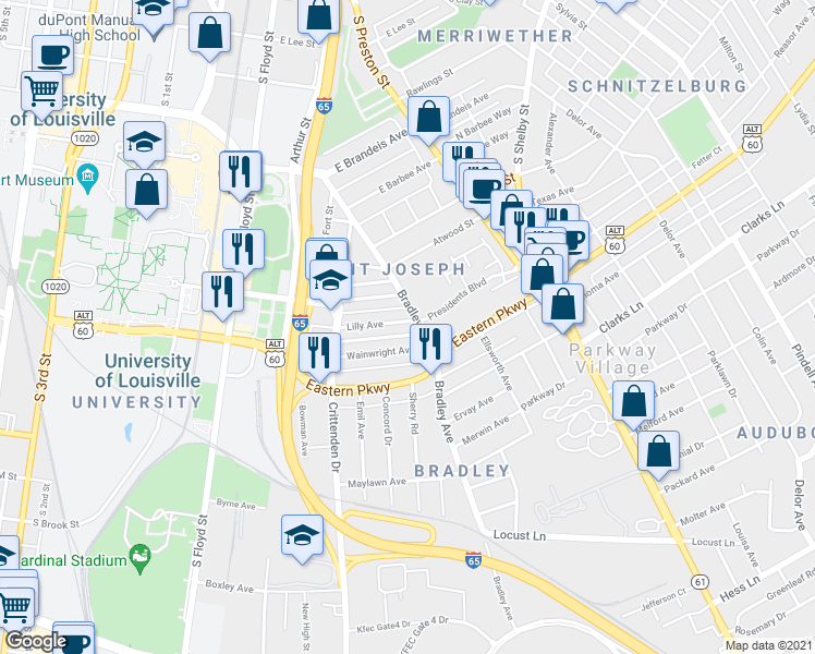 map of restaurants, bars, coffee shops, grocery stores, and more near 541 Lilly Avenue in Louisville