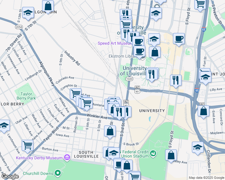 map of restaurants, bars, coffee shops, grocery stores, and more near 2400 South 4th Street in Louisville