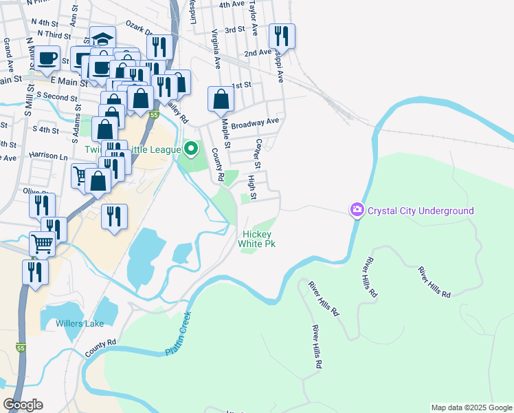 map of restaurants, bars, coffee shops, grocery stores, and more near 604 High Street in Crystal City
