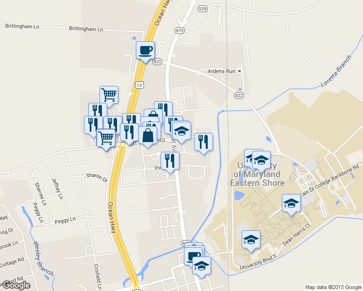 map of restaurants, bars, coffee shops, grocery stores, and more near 12087 Somerset Ave in Princess Anne