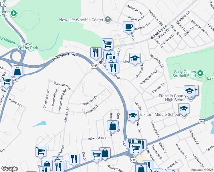 map of restaurants, bars, coffee shops, grocery stores, and more near 263 Centennial Drive in Frankfort