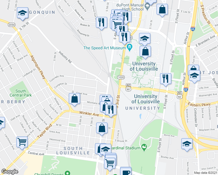 map of restaurants, bars, coffee shops, grocery stores, and more near 2400 South 4th Street in Louisville