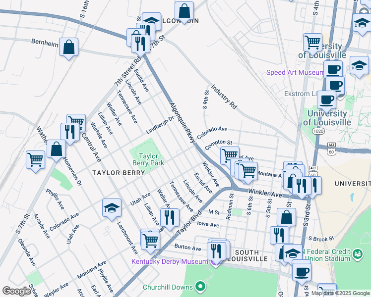 map of restaurants, bars, coffee shops, grocery stores, and more near 813 Algonquin Parkway in Louisville