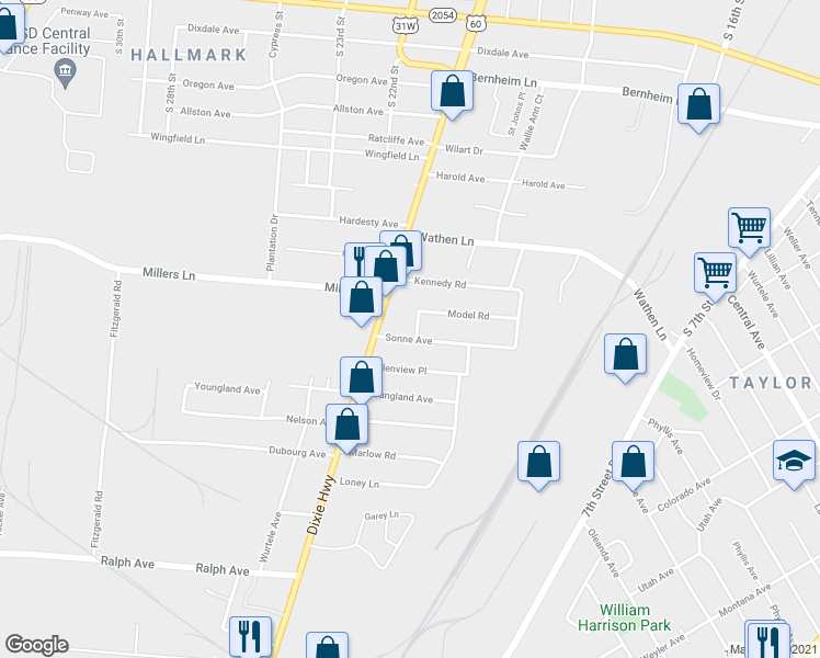 map of restaurants, bars, coffee shops, grocery stores, and more near 2503 Dixie Highway in Louisville