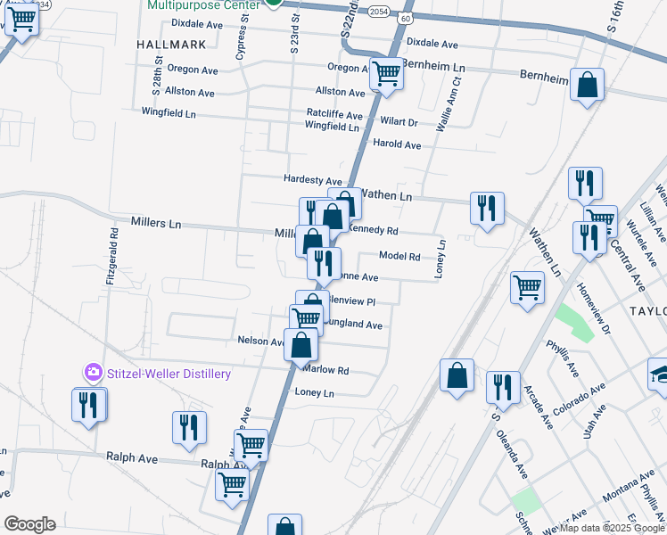 map of restaurants, bars, coffee shops, grocery stores, and more near 2503 Dixie Highway in Louisville