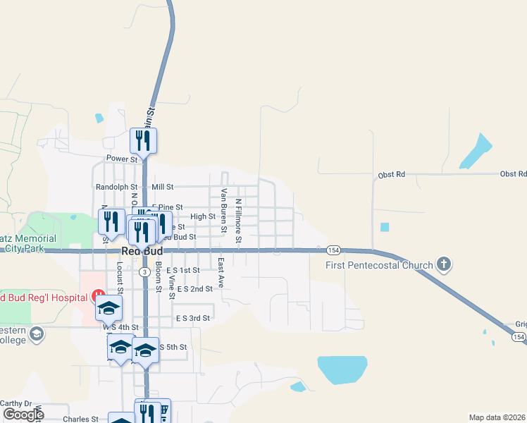 map of restaurants, bars, coffee shops, grocery stores, and more near 909 East Pine Street in Red Bud