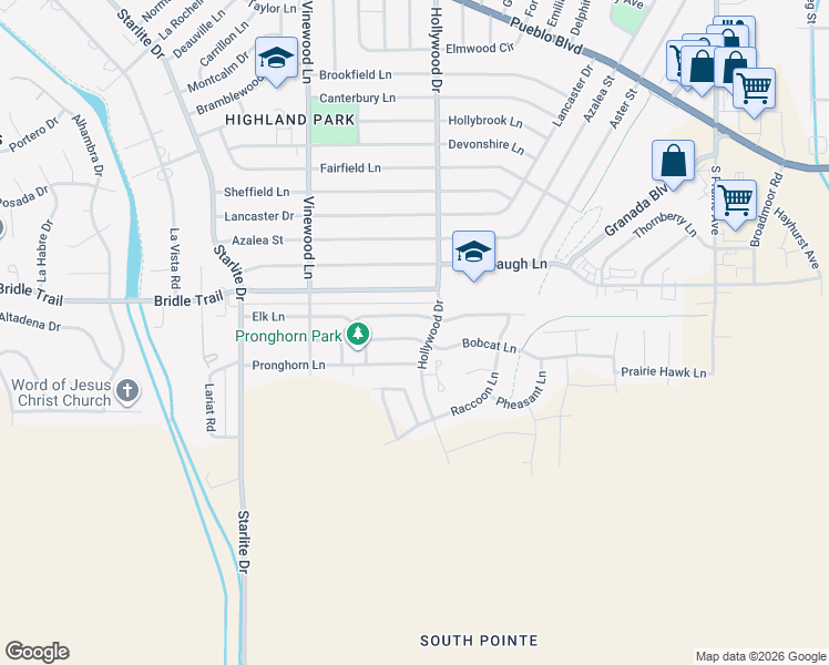 map of restaurants, bars, coffee shops, grocery stores, and more near 3712 Bison Lane in Pueblo