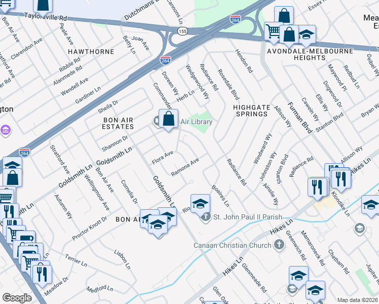 map of restaurants, bars, coffee shops, grocery stores, and more near 2913 Kings Bridge Road in Louisville