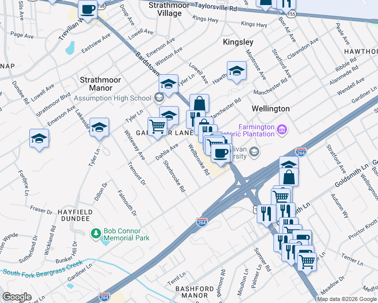 map of restaurants, bars, coffee shops, grocery stores, and more near 3009 Wellbrooke Road in Louisville