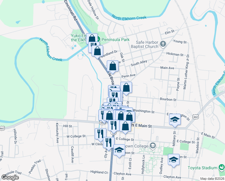 map of restaurants, bars, coffee shops, grocery stores, and more near 331 North Broadway Street in Georgetown
