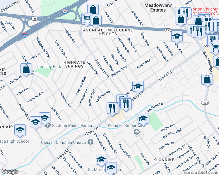 map of restaurants, bars, coffee shops, grocery stores, and more near 3309 Allison Way in Louisville