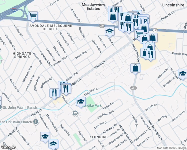 map of restaurants, bars, coffee shops, grocery stores, and more near 3042 Hikes Lane in Louisville