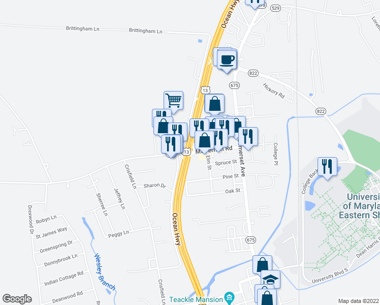 map of restaurants, bars, coffee shops, grocery stores, and more near Maryland 362 in Princess Anne