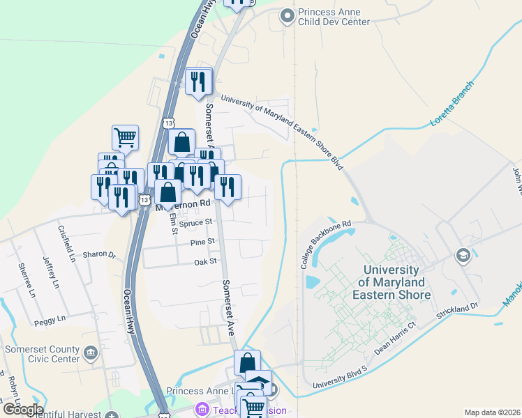 map of restaurants, bars, coffee shops, grocery stores, and more near 30533 Valentine Drive in Princess Anne