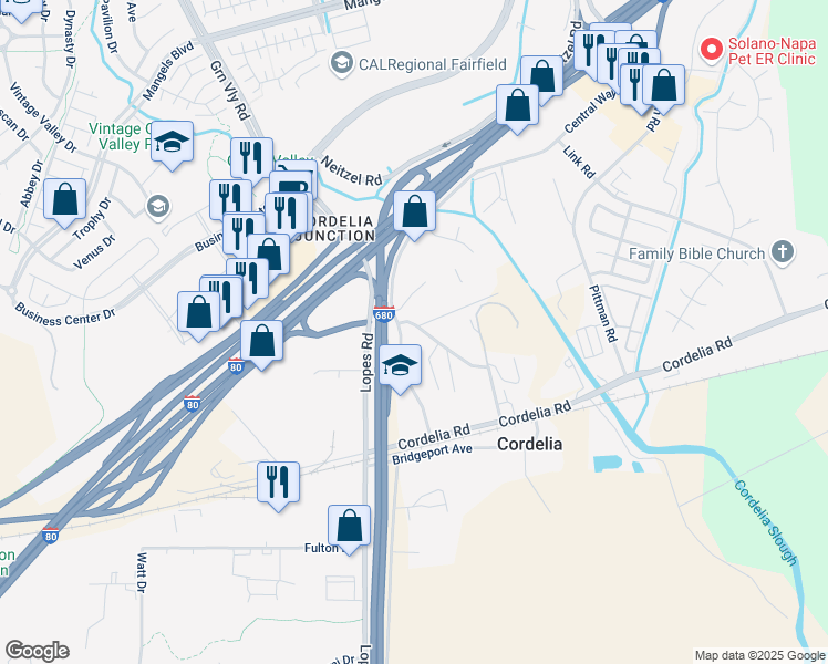 map of restaurants, bars, coffee shops, grocery stores, and more near 3623 Ritchie Road in Fairfield