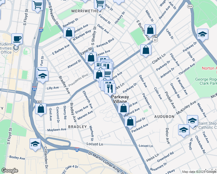 map of restaurants, bars, coffee shops, grocery stores, and more near 2344 Fleet Avenue in Louisville