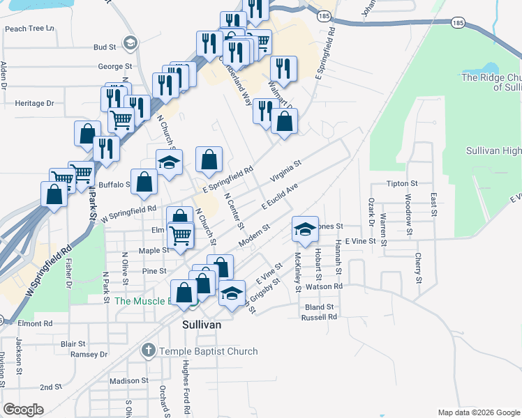 map of restaurants, bars, coffee shops, grocery stores, and more near 163 East Euclid Avenue in Sullivan