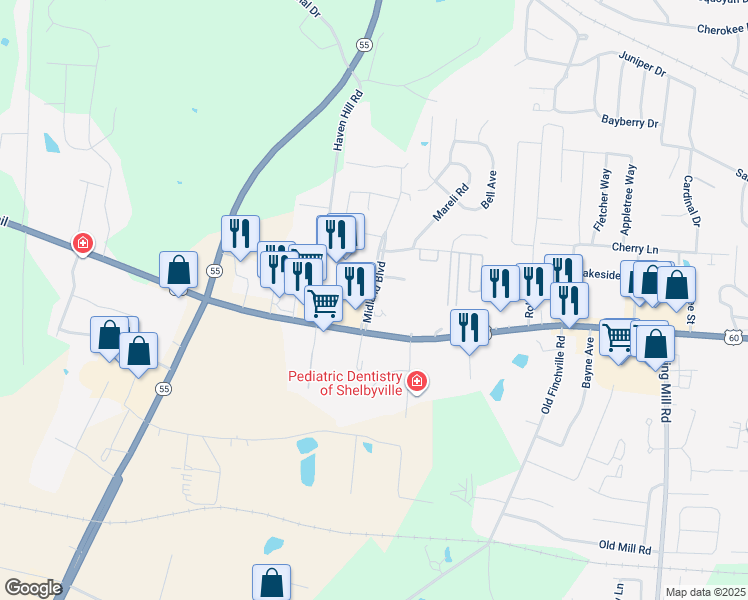 map of restaurants, bars, coffee shops, grocery stores, and more near 227 Midland Park in Shelbyville