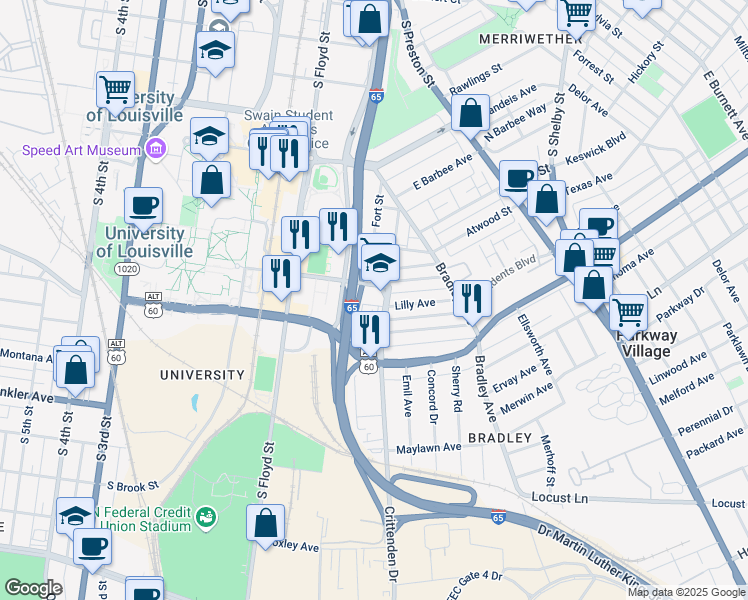 map of restaurants, bars, coffee shops, grocery stores, and more near 2310 Crittenden Drive in Louisville