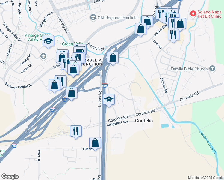 map of restaurants, bars, coffee shops, grocery stores, and more near 3623 Ritchie Road in Fairfield