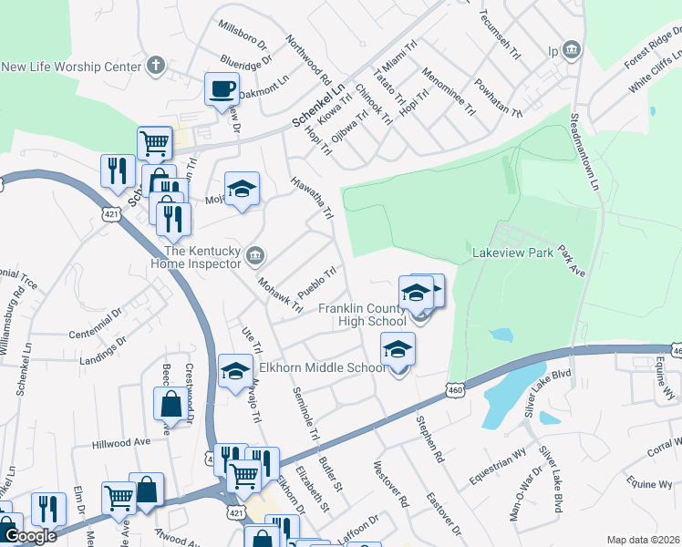 map of restaurants, bars, coffee shops, grocery stores, and more near 302 Hiawatha Trail in Frankfort