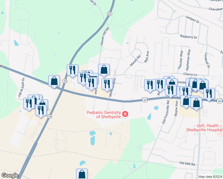 map of restaurants, bars, coffee shops, grocery stores, and more near 196 Midland Boulevard in Shelbyville