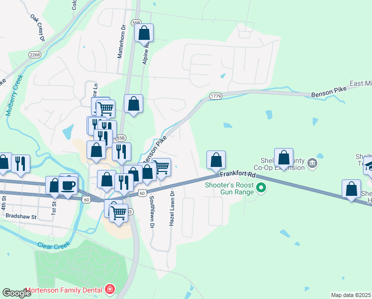 map of restaurants, bars, coffee shops, grocery stores, and more near 139 Johnsonville Road in Shelbyville