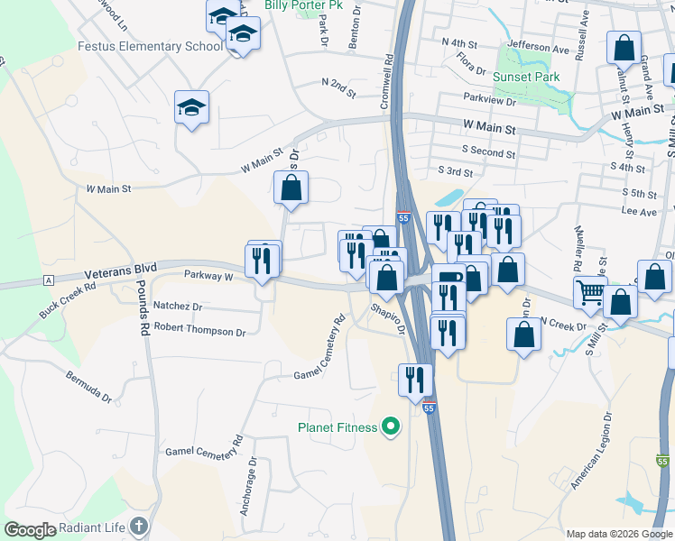 map of restaurants, bars, coffee shops, grocery stores, and more near 1315 Veterans Boulevard in Festus