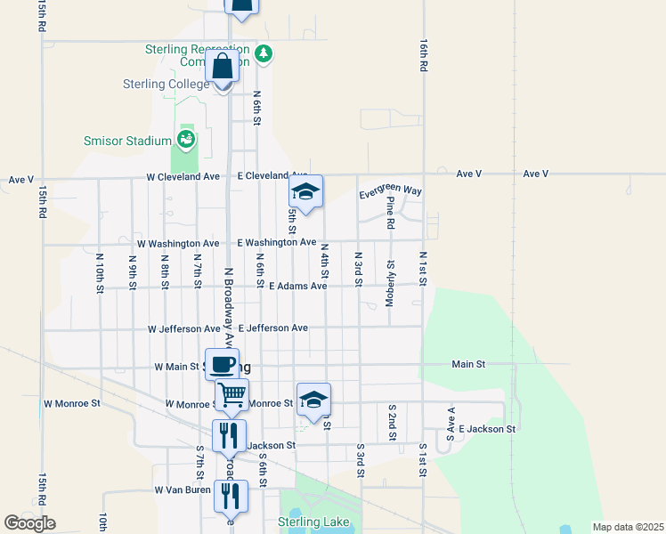map of restaurants, bars, coffee shops, grocery stores, and more near 312 North 4th Street in Sterling