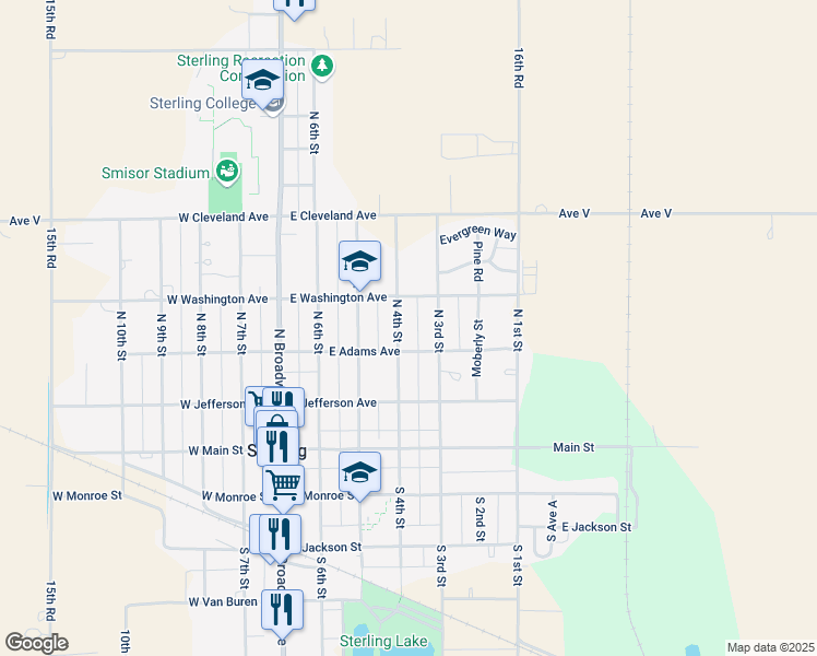 map of restaurants, bars, coffee shops, grocery stores, and more near 312 North 4th Street in Sterling