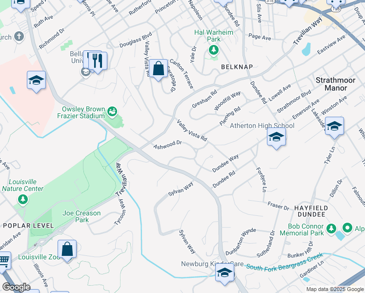 map of restaurants, bars, coffee shops, grocery stores, and more near 2431 Ashwood Drive in Louisville