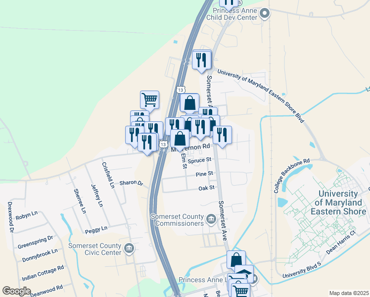 map of restaurants, bars, coffee shops, grocery stores, and more near 30389 Mount Vernon Road in Princess Anne