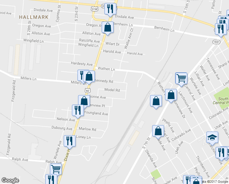 map of restaurants, bars, coffee shops, grocery stores, and more near 1716 Model Road in Louisville