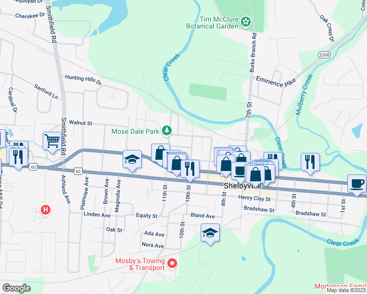 map of restaurants, bars, coffee shops, grocery stores, and more near 1015 Union Street in Shelbyville