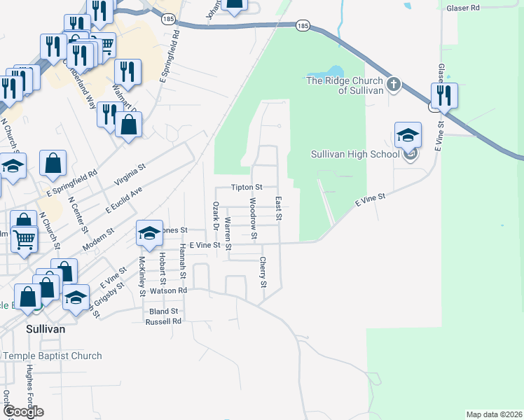 map of restaurants, bars, coffee shops, grocery stores, and more near 160 Woodrow Street in Sullivan