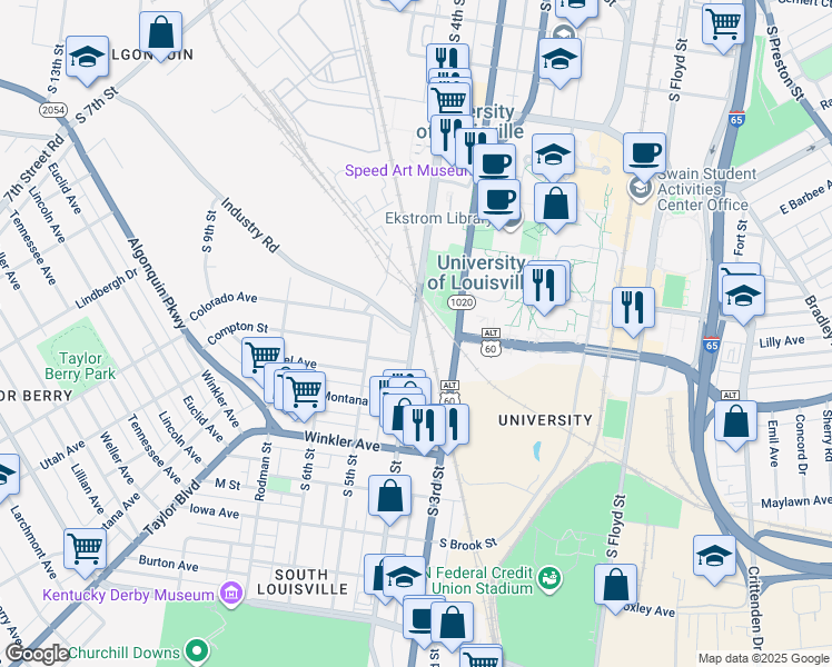 map of restaurants, bars, coffee shops, grocery stores, and more near 2501 South 4th Street in Louisville