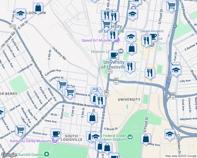 map of restaurants, bars, coffee shops, grocery stores, and more near 2501 South 4th Street in Louisville