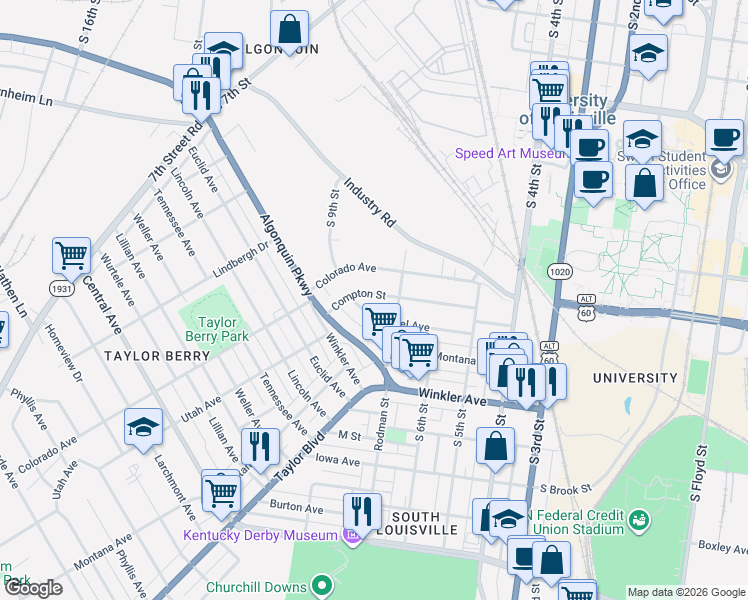 map of restaurants, bars, coffee shops, grocery stores, and more near 712 Compton Street in Louisville