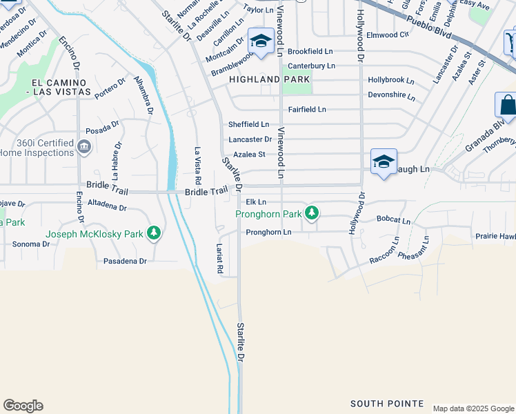 map of restaurants, bars, coffee shops, grocery stores, and more near 3928 Elk Ln in Pueblo